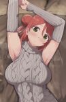  1girl armpits arms_up blunt_bangs blush braid braided_bun breasts brown_eyes brown_hair detached_sleeves green_eyes grey_sweater hair_between_eyes hair_bun hair_ornament hairclip head_tilt highres large_breasts looking_at_viewer love_live! love_live!_nijigasaki_high_school_idol_club lying medium_hair on_back orange_hair shiny_skin single_side_bun solo steaming_body sweatdrop sweater uehara_ayumu upper_body wewe 