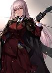  alternate_costume alternate_hairstyle black_gloves black_neckwear breasts cape coat double-breasted embers fate/grand_order fate_(series) florence_nightingale_(fate/grand_order) formal gloves gun hand_on_hip handgun highres jacket_on_shoulders karlwolf large_breasts long_hair long_skirt necktie pistol red_eyes shirt silver_hair simple_background skirt skirt_suit solo suit very_long_hair vest weapon white_shirt 
