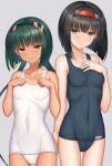  2girls azami_cricket black_hair black_hairband black_tank_top bowl_cut breasts covered_navel dark-skinned_female dark_skin green_hair hairband headband highres looking_at_viewer multiple_girls rance_(series) red_headband small_breasts tank_top toushin_toshi toushin_toshi_iii tsuboyarou white_tank_top yuzuhara_yuzumi 