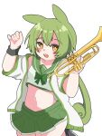 1girl animal_ears black_outline black_wristband blush bow green_bow green_hair green_sailor_collar green_skirt green_trim hair_between_eyes highres holding holding_instrument holding_trumpet instrument jacket long_hair looking_at_viewer navel open_clothes open_jacket open_mouth outline sailor_collar shirt simple_background skirt sleeveless sleeveless_shirt solo trumpet voicevox white_background white_jacket white_shirt wristband yellow_eyes zundamon zundamotidayo 