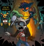  2017 alligator angus_(nitw) anthro bea_(nitw) bear blouse blunt_force_trauma boots campfire canine cat cigarette clothed clothing cole_(nitw) crocodile crocodilian cups distressed eyewear fedora feet feline footwear fox fully_clothed fur glasses gregg_(nitw) group guitar hat humor improvised_weapon jacket kilcra_(artist) leather leaves mae_(nitw) mammal moon musical_instrument night night_in_the_woods outside pants reptile scalie short tree 