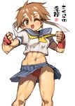  abs blue_skirt brown_eyes brown_hair gloves headband kasugano_sakura midriff muscle panties red_panties ribbon school_uniform serafuku short_hair sketch skirt solo street_fighter toned translation_request underwear yellow_ribbon ysk! 