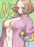  1girl arms_behind_back averting_eyes blue_background blush bottomless breasts brown_eyes brown_hair cardigan embarrassed fingernails gradient_background green_background half-closed_eyes hand_on_own_arm highres large_breasts long_fingernails looking_to_the_side naked_cardigan navel okumura_haru open_cardigan open_clothes out-of-frame_censoring patreon_logo patreon_username persona persona_5 poechan_chan purple_nails ribbed_cardigan short-sleeved_sweater short_sleeves sideways_glance simple_background sweater web_address 