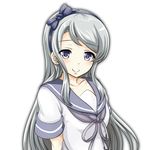  arms_behind_back asymmetrical_bangs bangs bow breasts closed_mouth collarbone commentary_request disconnected_mouth eyebrows_visible_through_hair furrowed_eyebrows grey grey_bow grey_hair grey_hairband grey_neckwear grey_ribbon grey_sailor_collar hairband half-closed_eyes kantai_collection light_blush long_hair looking_at_viewer neckerchief purple_eyes sagiri_(kantai_collection) sailor_collar school_uniform serafuku shirt short_sleeves simple_background single_horizontal_stripe sleeve_cuffs smile solo swept_bangs tk8d32 upper_body v_arms white_background white_shirt 