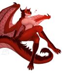 &lt;3 absurd_res alduinred anthro big_breasts breasts claws crossed_legs crossgender dragon entropy_(billeur) female fur hi_res horn looking_at_viewer membrane_(anatomy) membranous_wings nipples paws red_body red_fur red_scales scales scalie simple_background solo tail thick_thighs western_dragon wings