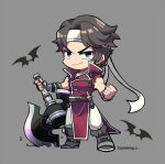  1boy alternate_color axe bat_(animal) blue_eyes boots castlevania_(series) clenched_hand coat dagger full_body grey_background grey_footwear grey_hair hairband holding holding_axe knife kotorai male_focus no_nose pants red_coat richter_belmont sheath sheathed smile torn_clothes torn_sleeves weapon white_hairband white_pants 