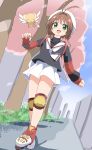  1girl absurdres angel_beats! black_shirt blue_sky brown_hair cardcaptor_sakura cherry_blossoms cloud cynical_(llcbluckg_c004) day dutch_angle elbow_pads fingerless_gloves full_body gloves green_eyes hat highres inline_skates kero kinomoto_sakura knee_pads neckerchief outdoors petals pleated_skirt red_gloves road roller_skates sailor_collar sailor_hat sailor_shirt shirt short_hair skates skirt sky solo street tree undershirt white_headwear white_neckerchief white_sailor_collar white_skirt 