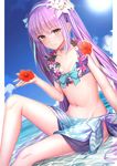  bare_arms bare_legs bare_shoulders bikini_top blue_bikini_top blue_bow blue_headband blue_neckwear blush bow breasts brown_eyes closed_mouth cloud collarbone commentary_request day dutch_angle euryale fate/hollow_ataraxia fate_(series) flower flower_necklace front-tie_bikini front-tie_top hair_flower hair_ornament hibiscus highres holding jewelry knee_up long_hair looking_at_viewer navel necklace ocean pink_hair red_flower sarong shiny shiny_skin shuutou_haruka sidelocks signature sitting small_breasts smile solo stomach sun twintails very_long_hair water white_flower 