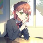  1girl black_jacket braid braided_bun closed_mouth collared_shirt green_eyes hair_bun hair_ornament hairclip head_rest indoors jacket light_rays long_sleeves looking_at_viewer love_live! love_live!_nijigasaki_high_school_idol_club medium_hair neck_ribbon nijigasaki_academy_school_uniform red_hair red_ribbon ribbon school_uniform shade shirt single_side_bun sitting solo swept_bangs uehara_ayumu upper_body white_shirt winter_uniform xunyu_(manyu) 