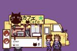  3girls agnes_tachyon_(umamusume) ahoge animal_print black_hair bow bowtie brown_footwear brown_hair cat_print coffee_maker commentary_request earrings food_truck hair_between_eyes horse_girl jewelry jungle_pocket_(umamusume) loafers long_bangs long_hair long_sleeves manhattan_cafe_(umamusume) medium_hair messy_hair multicolored_hair multiple_girls pixel_art pleated_skirt purple_background purple_sailor_collar purple_shirt purple_skirt purple_thighhighs refrigerator sailor_collar school_uniform shelf shirt shoes simple_background single_earring skirt thighhighs tracen_school_uniform two-tone_hair umamusume white_bow white_bowtie white_hair windany winter_uniform 