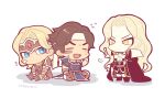  3boys alucard_(castlevania) arm_behind_head armor ascot bandage_on_face bandages bandaid bandaid_on_face black_cape black_coat black_footwear blonde_hair blue_coat blue_eyes brown_hair cape castlevania_(series) chibi chibi_only coat headband kotorai looking_at_another male_focus multiple_boys no_nose open_mouth richter_belmont short_hair simon_belmont simple_background sitting torn_clothes torn_sleeves white_ascot white_background white_headband yellow_eyes 