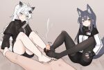  1boy 2girls absurdres animal_ears arknights bar_censor barefoot black_hair black_nails black_pantyhose blush censored cum double_footjob erection feet footjob highres lappland_(arknights) multiple_girls oripathy_lesion_(arknights) pantyhose penis projectile_cum scar scar_across_eye tail texas_(arknights) toenails toes two-footed_footjob white_hair wl217_(nicexa111) wolf_ears wolf_girl wolf_tail 