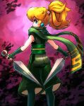  1girl absurdres back blonde_hair blue_eyes dual_wielding earrings eyelashes fingerless_gloves gloves green_shorts highres holding holding_weapon jewelry kunai long_hair looking_back mario_(series) ninja nintendo official_alternate_costume ponytail princess_peach princess_peach:_showtime! scarf shorts standing stoic_seraphim weapon 