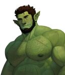  1boy absurdres axel_(axelwarriorvs) back_hair bara beard colored_skin facial_hair freckles full_beard green_skin hairy highres large_pectorals male_focus mature_male muscular muscular_male nude orc original pectorals pointy_ears sideburns solo strongman_waist thick_arm_hair thick_beard thick_chest_hair thick_eyebrows tusks upper_body 