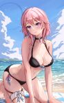  1girl absurdres bare_arms bare_shoulders barefoot bikini black_bikini black_choker blue_eyes blue_sky breasts choker cleavage cloud commentary dated day head_tilt highres honkai:_star_rail honkai_(series) kneeling looking_at_viewer march_7th_(honkai:_star_rail) medium_breasts ocean onurcan pink_hair purple_eyes short_hair sky solo stomach swimsuit thigh_strap thighs two-tone_eyes water 