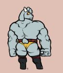 absurd_res anthro back_muscles belt bovid butt caprine demon enfer_belial fur goat grey_body grey_fur hi_res horn kings_of_hell magnaarc male mammal muscular muscular_anthro red_eyes solo tusks wrestler wrestling_briefs yellow_sclera