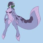 1:1 anthro big_tail blue_background blue_eyes breasts capcom featureless_crotch female green_hair hair lavasioth long_tail membrane_(anatomy) monster_hunter naturally_censored navel piscine_wyvern purple_body purple_scales scales sepisnake simple_background solo tail thick_thighs webbed_hands wide_hips