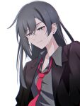  1girl amakuma black_jacket black_suit closed_mouth collared_shirt crying crying_with_eyes_open ear_piercing english_text grey_shirt jacket long_hair long_sleeves looking_down love_live! love_live!_nijigasaki_high_school_idol_club necktie open_clothes open_jacket piercing red_necktie sad shirt sidelocks solo suit suit_jacket tears upper_body white_background yuuki_setsuna_(love_live!) 
