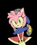  1boy 1girl amy_rose arm_around_shoulder armor bare_shoulders blue_armor blush bracelet clueless dress fake_claws gloves green_eyes hairband hand_on_another&#039;s_head head_tilt hedgehog_ears hedgehog_girl highres hug hug_from_behind jewelry long_eyelashes looking_at_viewer mechanical_arms metal_sonic mojunpwo own_hands_together pink_fur pink_headwear possessive red_dress red_hairband robot short_hair sleeveless sleeveless_dress smile solo_focus sonic_(series) white_gloves 