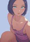  1girl bare_shoulders blue_background blue_eyes blue_hair bob_cut breasts close-up collarbone covered_nipples dark_blue_hair downblouse forehead highres knee_up lips looking_at_viewer mebae mole mole_under_mouth nipple_slip nipples no_bra open_mouth original parted_lips pink_shirt shirt short_hair short_shorts shorts simple_background sleeveless small_breasts solo tank_top 