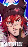  1boy axel_(studioaxel) bara beanie finger_to_cheek gloves hat heartsteel_sett highres league_of_legends male_focus muscular muscular_male portrait red_hair scar scar_on_face scar_on_nose sett_(league_of_legends) short_hair smile solo thick_eyebrows 