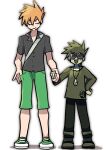  2boys age_progression black_shirt blue_oak boots closed_eyes collared_shirt commentary_request full_body green_footwear green_pants hand_in_pocket hand_on_own_hip highres holding_hands in-franchise_crossover jewelry light_smile male_focus multiple_boys necklace open_mouth orange_hair pants pendant pokefia pokemon pokemon_rgby pokemon_sm shadow shirt shoes short_hair short_sleeves shoulder_strap simple_background smile spiked_hair sunglasses white_background 
