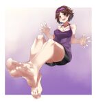  1girl :d bare_arms bare_legs barefoot black_shorts breasts brown_eyes brown_hair camisole commission earrings eiji_(eiji) feet foot_focus full_body greek_toe hairband highres invisible_chair jewelry legs looking_at_viewer medium_breasts necklace open_hands open_mouth original parted_bangs pixiv_commission purple_camisole purple_hairband short_hair shorts sitting smile soles solo steaming_body teeth thighs toenails toes upper_teeth_only 