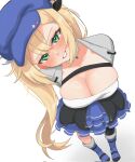  1girl arms_behind_back blonde_hair blue_footwear blue_headwear blush breasts chest_strap choker cleavage dokibird_(vtuber) frilled_skirt frills green_eyes grin hair_between_eyes hat head_tilt highres indie_virtual_youtuber large_breasts layered_skirt long_hair long_sleeves looking_at_viewer shirt simple_background skirt smile solo standing twintails very_long_hair virtual_youtuber washi_(bbywashi) white_background white_choker white_shirt 