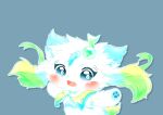 2017 absurd_res anthro blue_background blue_ears blue_eyes blush clothed clothing deaic digital_media_(artwork) female fur green_body green_fur hi_res kemono musical_note open_mouth open_smile simple_background smile solo white_body white_fur