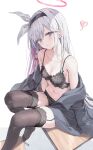  1girl black_bra black_coat black_hairband black_panties black_thighhighs blue_archive blush bra braid breasts cleavage closed_mouth coat collarbone colored_inner_hair grey_eyes grey_hair hairband halo heart highres huwari_(dnwls3010) long_hair long_sleeves looking_at_viewer multicolored_hair navel open_clothes open_coat panties pink_hair plana_(blue_archive) red_halo simple_background single_braid small_breasts solo thighhighs underwear white_background 