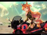 1girl airfield animal_ears belt black_bow black_thighhighs blowing_kiss blue_sky blurry blurry_background blush bomber_jacket bow brown_jacket cloud cloudy_sky commentary_request ear_bow harness horse_ears horse_girl horse_tail jacket lens_flare letterboxed long_hair long_sleeves mayano_top_gun_(umamusume) motor_vehicle motorcycle on_motorcycle one_eye_closed open_clothes open_jacket orange_eyes orange_hair outdoors peteron shorts sitting sky solo tail tail_through_clothes thighhighs twitter_username umamusume white_shorts 