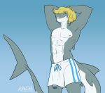 abs absurd_res anthro blonde_hair bulge clothing fish foreskin genitals green_eyes hair hi_res kittydee male marine muscular muscular_male penis penis_tip shark slim smile solo stretching swimming_trunks swimwear tail zachary_vincent_(sniperwaffle115)