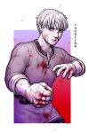  1boy blood blood_on_arm blood_on_clothes blood_on_face blood_on_hands character_name clenched_hand commentary english_commentary fighting_stance highres male_focus nosebleed renedraws scar scar_on_cheek scar_on_face serious sleeves_rolled_up solo thorfinn upper_body vinland_saga 