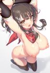  1girl absurdres armor armpits arms_up asuka_(senran_kagura) bandaged_arm bandages black_hair black_thighhighs blush breasts brown_eyes bukkake cum cum_on_body cum_on_breasts cum_on_clothes cum_on_hair cum_string facial gradient_background grey_background hair_ribbon highres hong_(white_spider) japanese_armor kote kurokote large_breasts looking_at_viewer nipples nude open_mouth ponytail red_scarf ribbon scarf senran_kagura senran_kagura_shoujo-tachi_no_shin&#039;ei shiny_skin short_hair short_ponytail solo standing stretching thighhighs tongue white_background white_ribbon 