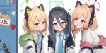  3girls absurdly_long_hair absurdres animal_ear_headphones animal_ears aris_(blue_archive) black_hair black_hairband blonde_hair blue_archive blue_bow blue_eyes blue_necktie bow collared_shirt fake_animal_ears green_eyes green_halo hair_bow hairband halo headphones highres jacket linhangwei long_hair long_sleeves midori_(blue_archive) momoi_(blue_archive) multiple_girls necktie one_side_up open_clothes open_jacket red_bow red_eyes red_halo shirt short_hair siblings simple_background sisters twins very_long_hair white_background white_jacket white_shirt 
