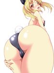  1girl aimo ass back backless_outfit bare_shoulders blonde_hair blush breasts bunny_ears bunny_tail bunnysuit cameltoe embarrassed fang from_below hide_yoshino huge_ass long_hair looking_back looking_down nipples open_mouth orange_eyes sengoku_otome shiny shiny_clothes shiny_hair shiny_skin sideboob small_breasts solo twintails 