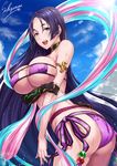  arm_guards armlet artist_name ass back bangs bare_shoulders beads bikini black_gloves blue_sky breast_hold breasts choker cloud collarbone commentary_request covered_nipples day elbow_gloves eyepatch_bikini fate/grand_order fate_(series) fingerless_gloves gloves hips large_breasts long_hair looking_to_the_side minamoto_no_raikou_(fate/grand_order) minamoto_no_raikou_(swimsuit_lancer)_(fate) open_mouth outdoors parted_bangs pouch purple_bikini purple_eyes purple_hair rope sakiyamama sash side-tie_bikini signature single_glove sky smile solo swimsuit thighs very_long_hair wet 