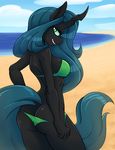  2017 absurd_res ambris anthro anthrofied beach bikini blue_hair butt changeling clothing cloud dock eyelashes female friendship_is_magic green_eyes hair hi_res horn long_hair looking_at_viewer looking_back my_little_pony outside queen_chrysalis_(mlp) seaside sky smile solo swimsuit 