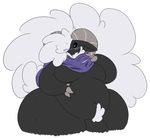  2017 3_fingers anthro belly big_belly black_sclera blush caprine chest_tuft clothing digital_media_(artwork) fluffy fur hand_on_stomach horizontal_pupils horn looking_at_viewer male mammal mostly_nude navel overweight penis piercing pubes rakashama sheep solo sweat thick_thighs torn_clothing tuft white_fur wide_hips 