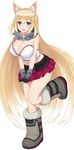  absurdres alice_(flanaki) animal_ears belt blonde_hair blue_eyes boots breasts cleavage collar commission fingerless_gloves fox_ears fur_boots gloves highres large_breasts long_hair metal_collar miniskirt mizunashi_kenichi original skirt very_long_hair white_background 