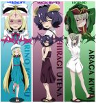  3girls absurdres apron araga_kiwi arms_behind_head blonde_hair blue_dress breasts character_name chizurutokihara cropped_torso demon_horns double_bun dress evil_smile fangs flat_chest full_body green_hair green_headwear green_jacket hair_bun hair_ribbon highres hiiragi_utena horns jacket leopard_(mahou_shoujo_ni_akogarete) long_bangs long_hair long_shirt looking_at_viewer magia_baiser mahou_shoujo_ni_akogarete medium_breasts morino_korisu multiple_girls multiple_views nero_alice no_pants one_eye_closed open_mouth partially_shaded_face pink_eyes purple_eyes purple_hair red_dress ribbon rubbing_eyes sandals scowl seductive_smile short_hair signature small_breasts smile standing standing_on_one_leg teeth very_long_hair white_apron white_headwear white_ribbon yellow_eyes 