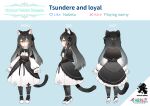  1girl absurdres animal_ear_fluff animal_ears black_bow black_bowtie black_dress black_hair black_pantyhose black_tail bow bowtie cat_day cat_ears cat_girl cat_tail character_name character_profile company_name copyright_name dress from_behind from_side full_body hair_between_eyes heart highres little_witch_nobeta logo long_hair looking_at_viewer multiple_views official_art pantyhose profile shoes sleeves_past_wrists solo_focus standing tail tsundere very_long_hair white_dress white_footwear yellow_eyes 