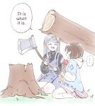  ... 2girls axe bandaid bandaid_on_head character_request closed_eyes copyright_request grass grey_hair holding holding_axe hood hood_down kneeling long_hair medium_hair multiple_girls on_grass open_mouth original shorts tama_gotoh tree tree_stump white_background yoruny 