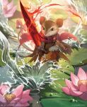 airi_yoshihisa anthro armor bow_ribbon brooch brown_body brown_fur buckteeth cloak clothing female fire flower fur grey_body grey_fur hasbro hi_res leaf lily_pad mabel_(bloomburrow) magic:_the_gathering mammal melee_weapon mouse multicolored_body multicolored_fur murid murine official_art orange_eyes plant rodent semi-anthro shield solo splashing_water sword teeth two_tone_body two_tone_fur water water_lily weapon whiskers wizards_of_the_coast