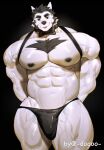 2024 abs anthro areola barazoku biceps big_muscles biped black_cheek_tuft black_chest_tuft black_clothing black_eyes black_head_tuft black_necktie black_nipples black_thong black_underwear canid canine canis clothing doooo2424 fur hands_behind_back hi_res huge_muscles male mammal muscular muscular_anthro muscular_male necktie nipples pecs solo thong tongue tongue_out underwear vein veiny_muscles white_body white_fur wolf