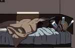  2017 anthro bed bedding bedroom big_ears big_tail blanket book carpet cellphone clothing digital_media_(artwork) fur grey_fur hair hierro hierro_(artist) lying phone pillow solo 