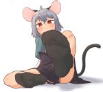  1girl ahoge animal_ears black_socks blue_capelet capelet feet foot_focus foreshortening from_below greenpiecerice grey_hair hair_between_eyes highres leg_up mouse_ears mouse_girl mouse_tail narrowed_eyes nazrin no_nose red_eyes sitting socks soles solo sweat sweatdrop tail touhou variant_set white_background 