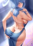  1girl absurdres ako_(blue_archive) ako_(dress)_(blue_archive) ass ass_support back backless_dress backless_outfit bare_shoulders blue_archive blue_dress blue_eyes blue_hair blush bracelet breasts butt_crack closed_mouth dress etsunami_kumita from_behind hair_between_eyes halo highres jewelry large_breasts long_hair looking_at_viewer looking_back sideboob signature solo 