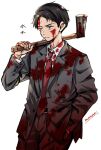  1boy artist_name axe black_eyes black_hair black_jacket black_pants black_suit blood blood_on_axe blood_on_clothes blood_on_face blood_on_hands character_name collared_shirt commentary_request cowboy_shot formal gegege_no_kitarou hand_in_pocket hand_up holding holding_axe jacket kitarou_tanjou:_gegege_no_nazo long_sleeves looking_to_the_side male_focus mizuki_(gegege_no_kitarou) mouth_hold necktie over_shoulder pants red_necktie scar scar_across_eye shirt short_hair signature simple_background solo standing sugano_manami suit white_background white_shirt 