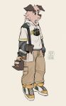anthro biped bottomwear canid canine canis clothed clothing domestic_dog floppy_ears footwear fur hemuchang hi_res hoodie male mammal pants shin_(hemuchang) shoes solo tail text text_on_clothing text_on_hoodie text_on_topwear topwear